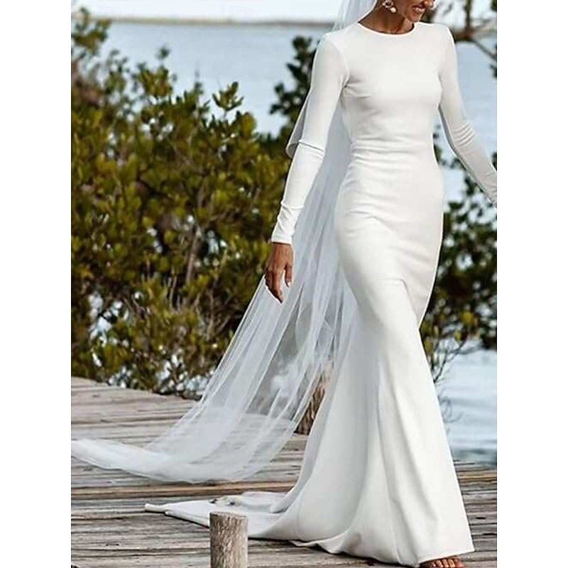 Wedding Dresses Ball Gown Scoop Neck Long Sleeve Chapel Train Satin Bridal Gowns With Pleats Ruched