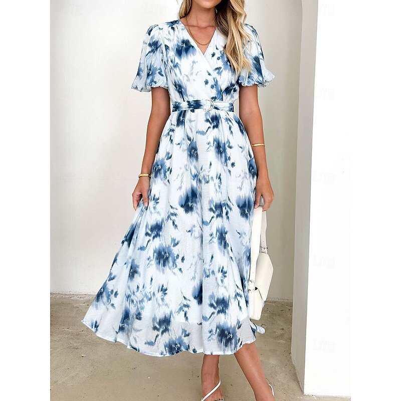 Retro Vintage 1950s Midi Dress Wrap Dress Flare Dress Puff Sleeve Floral A-Line V Neck Fancy Dress Women's Masquerade Wedding Vacation Tea Party Adults' Dress
