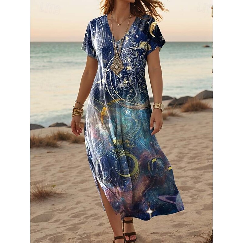 Women's Maxi Dress Paisley Dress Casual Dress Long Sleeve Boho Dress A Line Dress Bohemia Vacation Vintage Vacation Daily Regular Fit Floral Short Sleeve V Neck Pink Navy Blue Blue Light Purple
