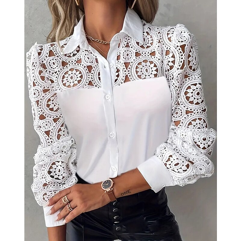 Women's Blouse Eyelet top Lace Tops Plain Daily Stylish Basic Long Sleeve Shirt Collar Regular Tops Work Daily Holiday Hollow Out Buttons White Spring Fall