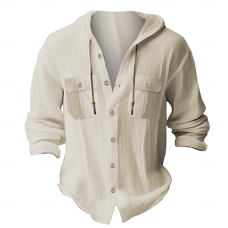 Men's Shirt White Cotton Shirt Casual Shirt Button Up Shirt Cotton Shirt Plain Vacation Street Black White Dark Navy Blue Long Sleeve Hooded Spring Clothing Apparel Pocket