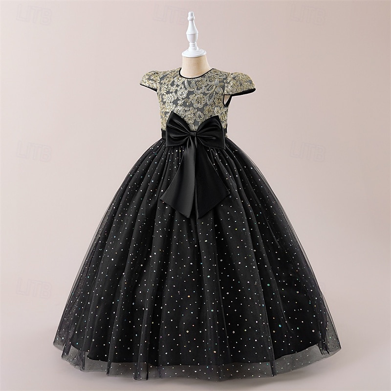 Kids Girls' Party Dress Solid Color Short Sleeve Performance Birthday Tie Knot Elegant Beautiful Polyester Maxi Party Dress Swing Dress A Line Dress Summer 6-12 Y Black Champagne Pink3