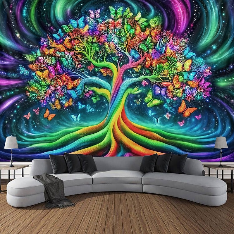 Blacklight Tapestry Glow in the Dark Glow Party UV Reactive Trippy Misty Tree of Life Nature Landscape Hanging Tapestry Wall Art Mural for Living Room Bedroom3