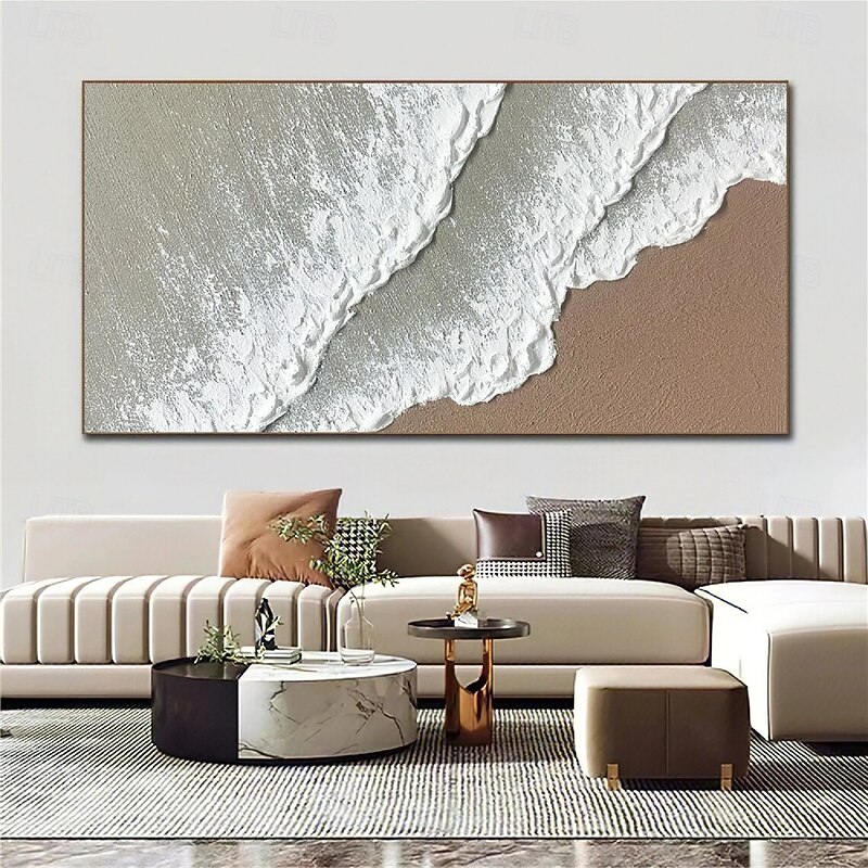Handmade  White Ocean Wave Art oil painting handpainted Beach Abstract Painting White Wall Art Brown 3D Texture Painting Brown Beach painting Wall Art Modern Pastel Room Decor