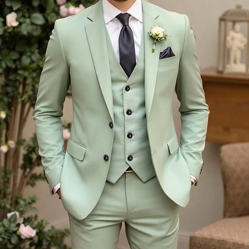 Men's Wedding Prom Party Suits Notch Lapel Light Green Solid Colored Standard Fit 3 Piece Single Breasted Two-buttons