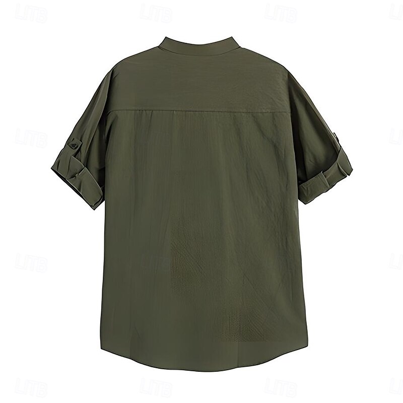 Men's 100% Cotton Collarless Shirt Black White Light Grey Army Green Beige Short Sleeve Tab Solid Color Standing Collar School Formal Buttons Clothing Apparel Elegant Vacation Vintage Tropical3