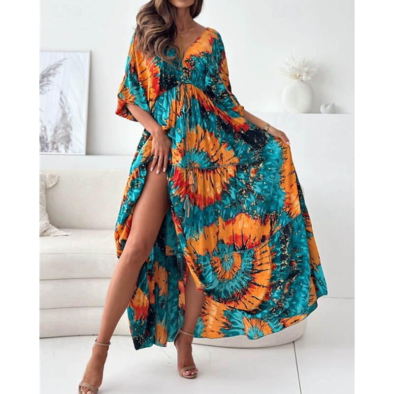 Women's Long Dress Maxi Dress Casual Dress Summer Dress Print Dress Fashion Outdoor Holiday Date Regular Fit Floral Long Sleeve Deep V Blue Purple Green Summer Spring4