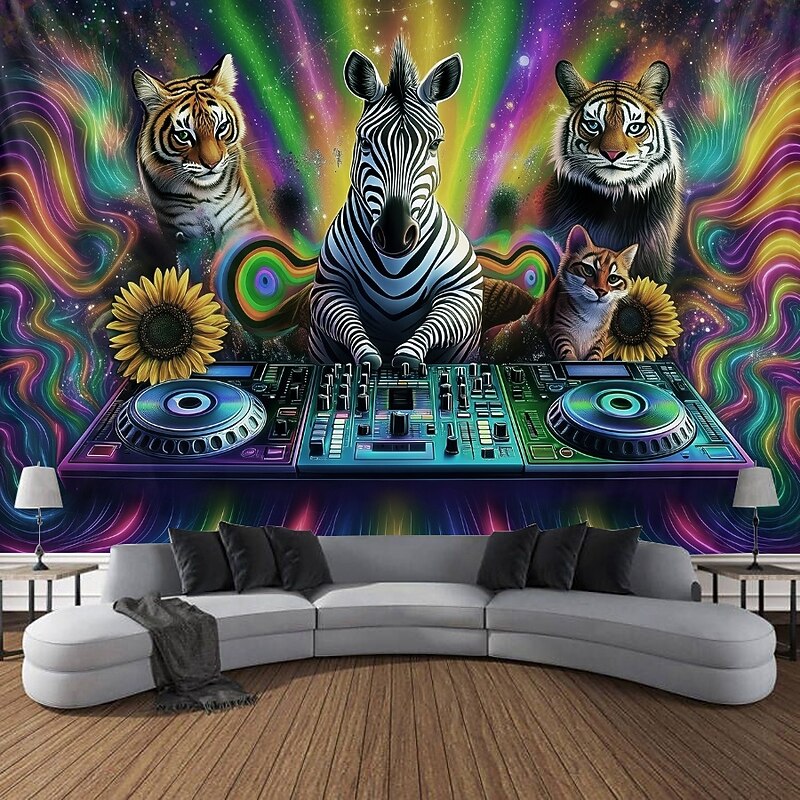 Blacklight Tapestry Glow in the Dark Glow Party UV Reactive Trippy Misty Animal DJ Hanging Tapestry Wall Art Mural for Living Room Bedroom3