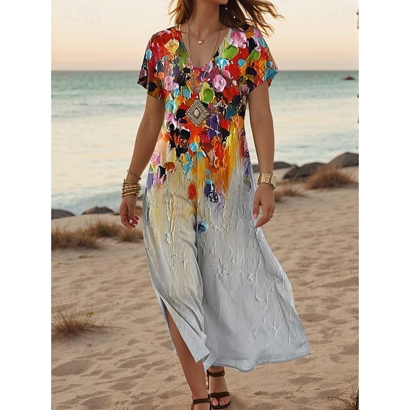 Women's Maxi Dress Casual Dress A Line Dress Stylish Casual Vacation Daily Regular Fit Floral Short Sleeve V Neck White Light Green Blue Green Summer Spring2