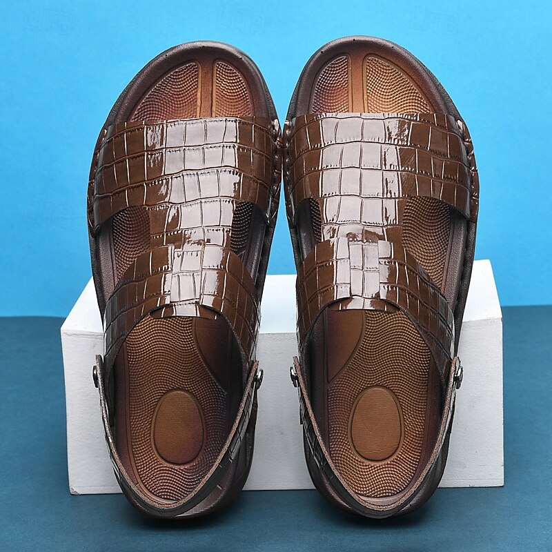 Men's Brown Crocodile Pattern Sandals with Adjustable Strap, Stylish Design for Casual, Outdoor and Summer Wear2