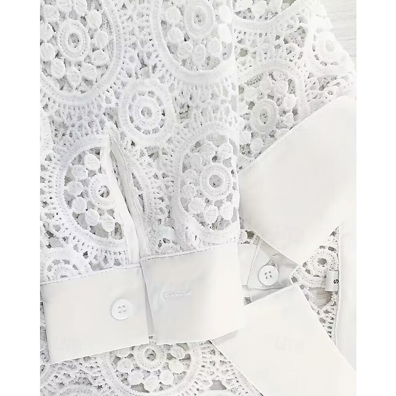 Women's Blouse Eyelet top Lace Tops Plain Daily Stylish Basic Long Sleeve Shirt Collar Regular Tops Work Daily Holiday Hollow Out Buttons White Spring Fall3