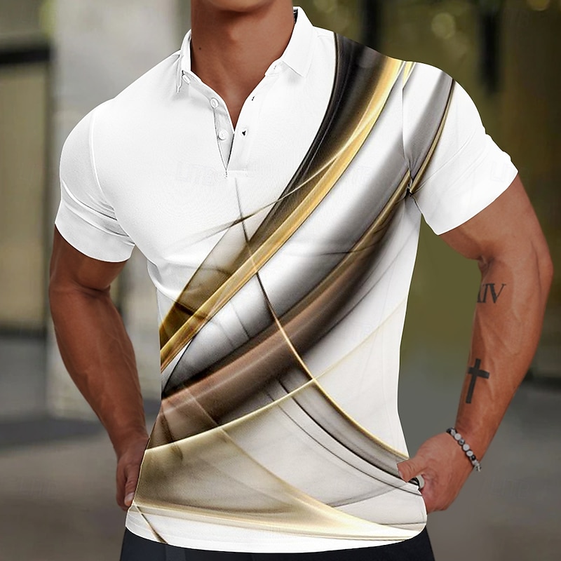 Men's Geometic Line Polo Short Sleeve Polo Shirts Collared Shirts Casual School Outdoor Daily Wear Home Wear 3D Print Summer Spring Fall White Blue Brown