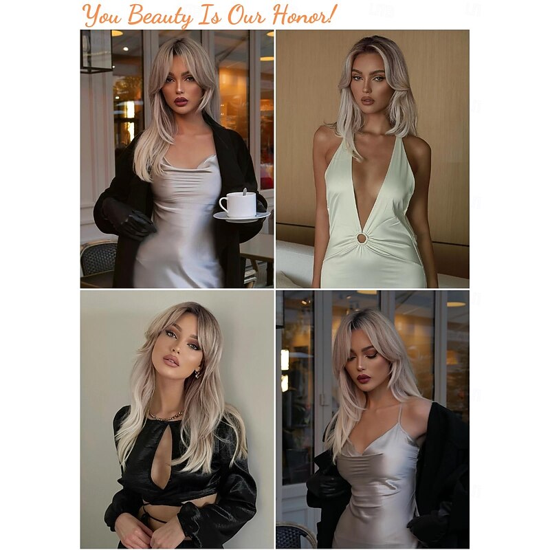 Brown Blonde Wig with Bangs - Long Wavy Ombre Curtain Bang Wigs for Women, Brown to Blonde Light Ash Dark Roots Synthetic Hair, Heat Resistant Natural Cute Wigs for Halloween/Christmas2