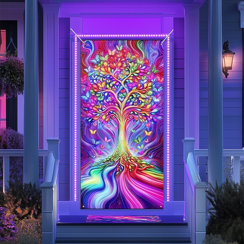 Blacklight Door Decorations Door Covers Glow in the Dark Tree of Life Door Tapestry Door Curtain Decoration Backdrop Indoor/Outdoor Door Banner for Front Door Farmhouse4