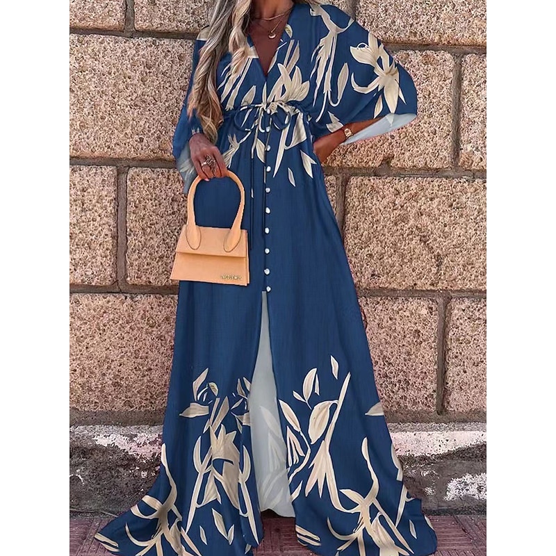 Women's Maxi Dress Wrap Dress Sundress A Line Dress Fit And Flare Dress Vacation Vacation Daily Regular Fit Floral Long Sleeve V Neck Pink Orange Green Dark Blue Summer3