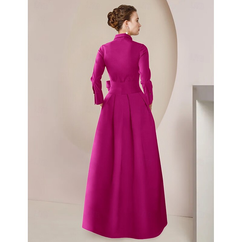 Two Piece Jumpsuits Mother of the Bride  Formal Wedding Guest Elegant Party Shirt Collar Floor Length Taffeta Long Sleeve with Bow(s) Solid Color3