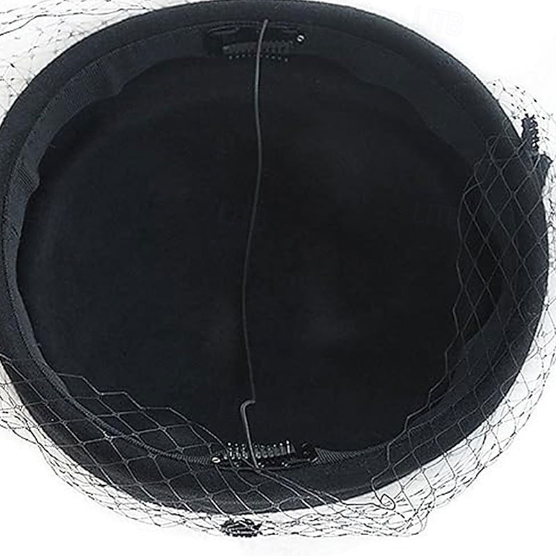 Women's British Style Pillbox Church Derby Wedding Winter Vintage Fascinator Beret Wool Felt Veil Hat3