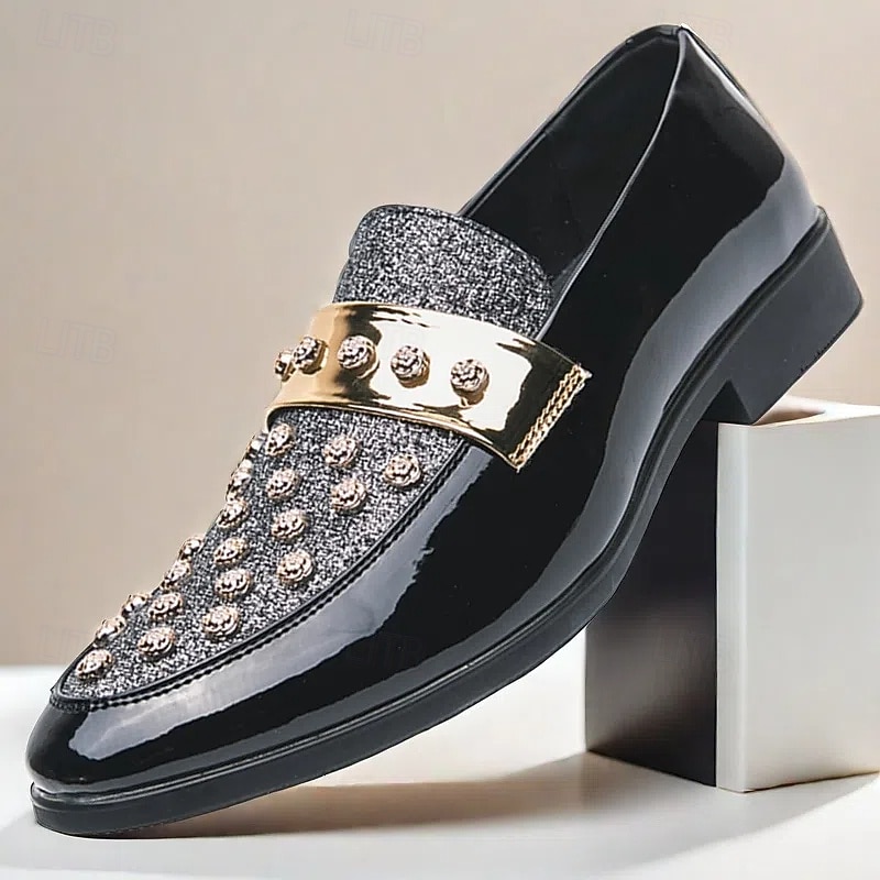 Men's Black Patent Loafers with Studded Detail and Gold Strap, Fashionable Casual Shoes for Parties and Special Events