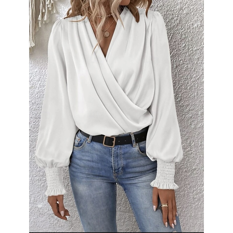Women's Shirt Elegant Dressy Satin Solid Color Stylish Casual Long Sleeve Asymmetrical Regular Tops Daily Ruched Black White Pink Khaki Summer Spring