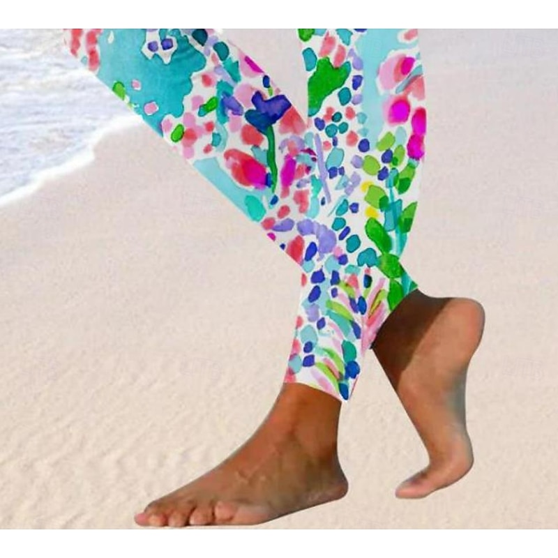 Women's Leggings Fashion Streetwear Ankle-Length High Waist Graphic Leaf Printing Thermal Warm Soft Breathable Micro-elastic Vacation Beach Weekend Robin's Egg Blue Spring Regular Fit3