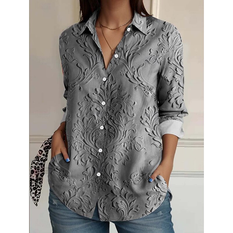 Women's Shirt Button Down Tunic Shirt Collar Long Sleeve 3D Print Floral Elegant Vintage Daily Regular Tops Work Daily s Print Silver Spring