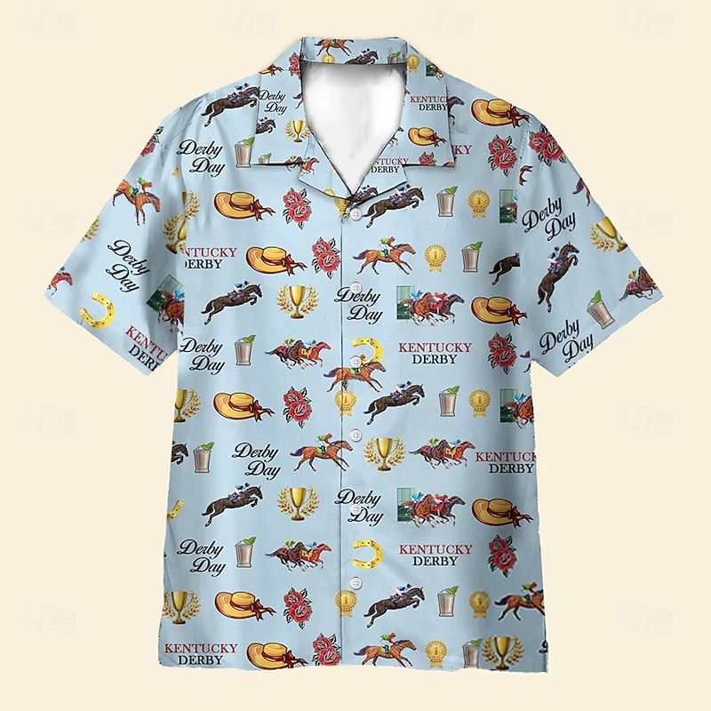 Kentucky Derby Men's Hat Cowboy Horse Racing Shirt Cuban Collar Shirt Short Sleeve Vintage Retro Vacation Holiday Festival Summer Spring Camp Collar Shirt 3D Print Funny Kentucky Derby Shirts Blue