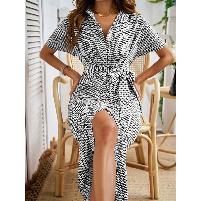 Women's Midi Dress Blazer Dress Stylish Casual Vacation Work Daily Regular Fit Plaid Stripe Half Sleeve Shirt Collar Black Brown Summer Spring Fall3