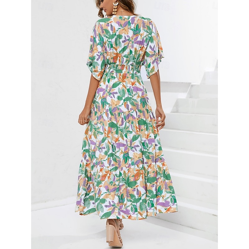 Women's Maxi Dress Casual Dress A Line Dress Stylish Casual Vacation Daily Regular Fit Floral Half Sleeve V Neck Blue Summer2