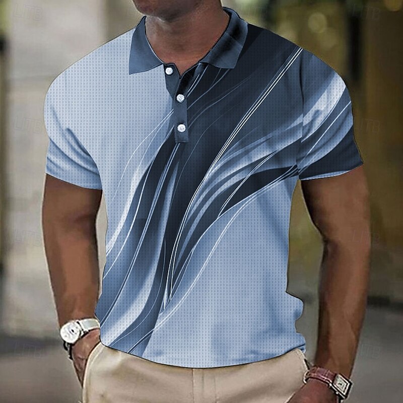 Men's Geometic Line Waffle Polo Shirts Short Sleeve Polo Shirts Collared Shirts Casual Business Casual Outdoor Athleisure Daily Wear Buttons 3D Print Summer Black Blue Purple4