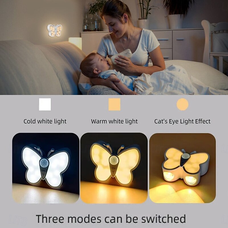 Cute Butterfly Shaped LED Motion Sensor Night Light with Switch, Rechargeable Human Body Infrared Detection 3 Modes for Children's Day Christmas Gift 1PC2