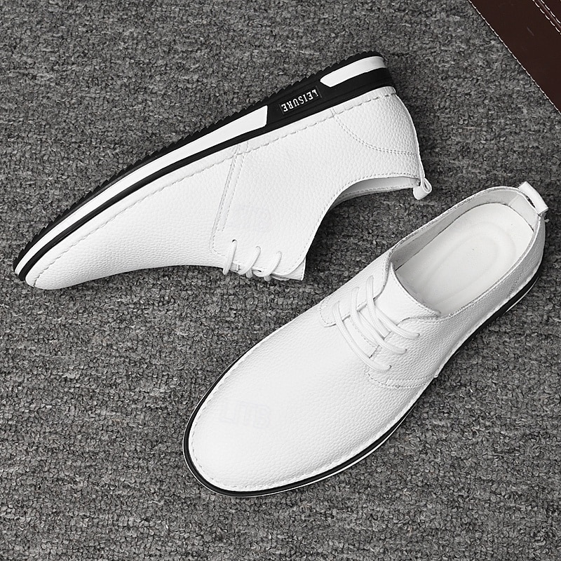 Men's White Faux Leather Casual Lace-Up Sneakers, Comfortable Slip-Resistant Shoes with Rubber Sole, Ideal for Everyday and Leisure Use3