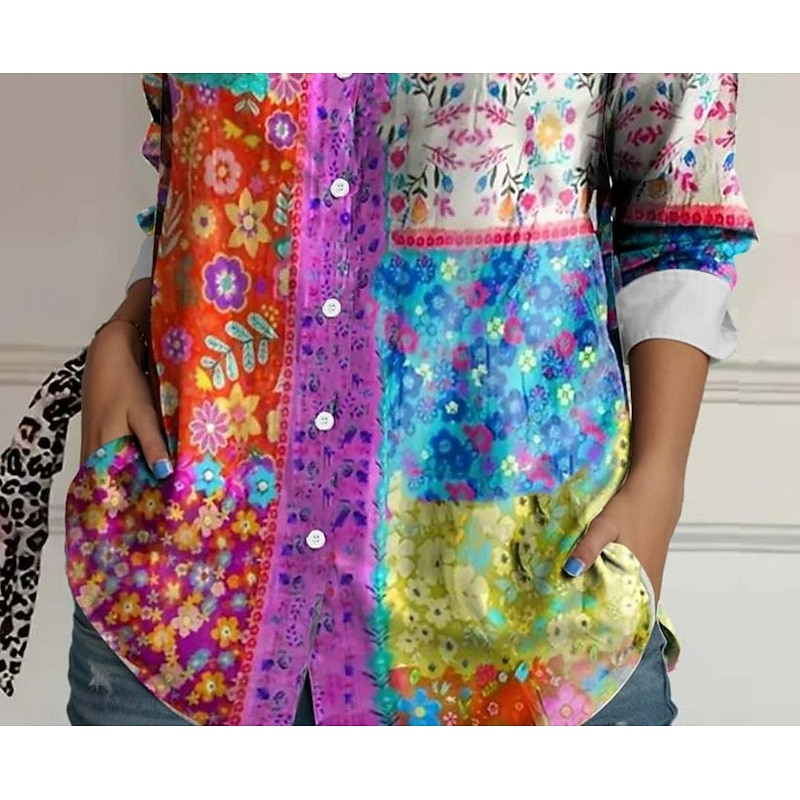 Women's Shirt Button Down Tunic Shirt Collar Long Sleeve Floral Bohemia Tropical Casual Regular Tops Daily Holiday Going out s Print Rainbow Spring3