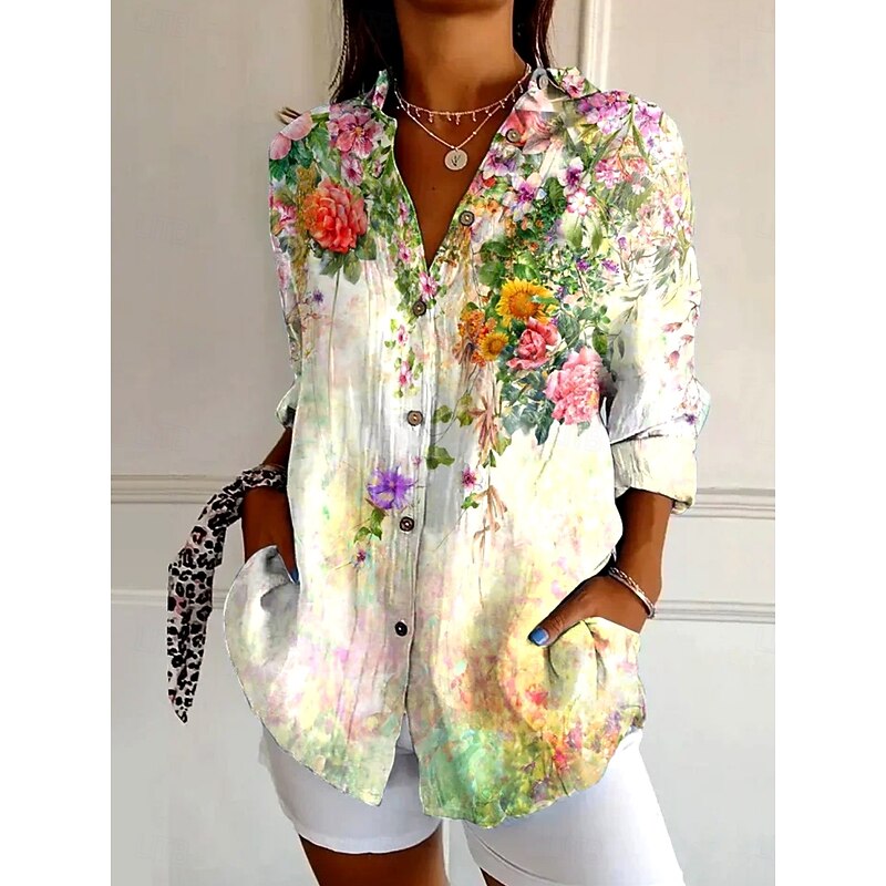 Women's Shirt Button Down Tunic Shirt Collar Long Sleeve Ombre Floral Graphic Daily Stylish Retro Vintage Regular Tops Daily Holiday Going out s Yellow Spring
