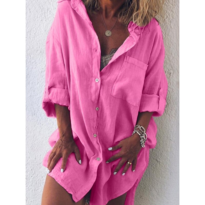 Women's Mini Dress Shirt Dress Casual Dress Basic Casual Vacation Daily Regular Fit Plain Linen Like Long Sleeve Shirt Collar Black Light Green Pink Blue Summer4