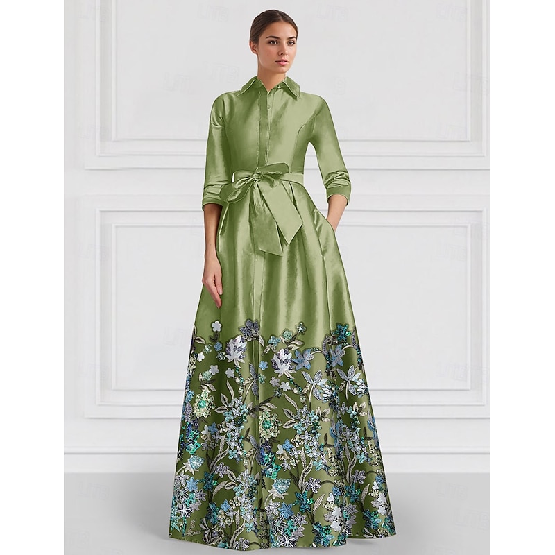 Floral Embroidered Mother of the Bride A-Line Satin Evening Gown Elegant Dress Formal Wedding Floor Length Half Sleeve Shirt Collar - Main Image