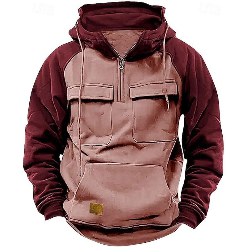 Men's Hoodie Quarter Zip Hoodie Tactical Hoodie Black Pink Wine Army Green Blue Hooded Color Block Plain Patchwork Pocket Sports & Outdoor Daily Holiday Polyester Streetwear Basic Casual Spring3