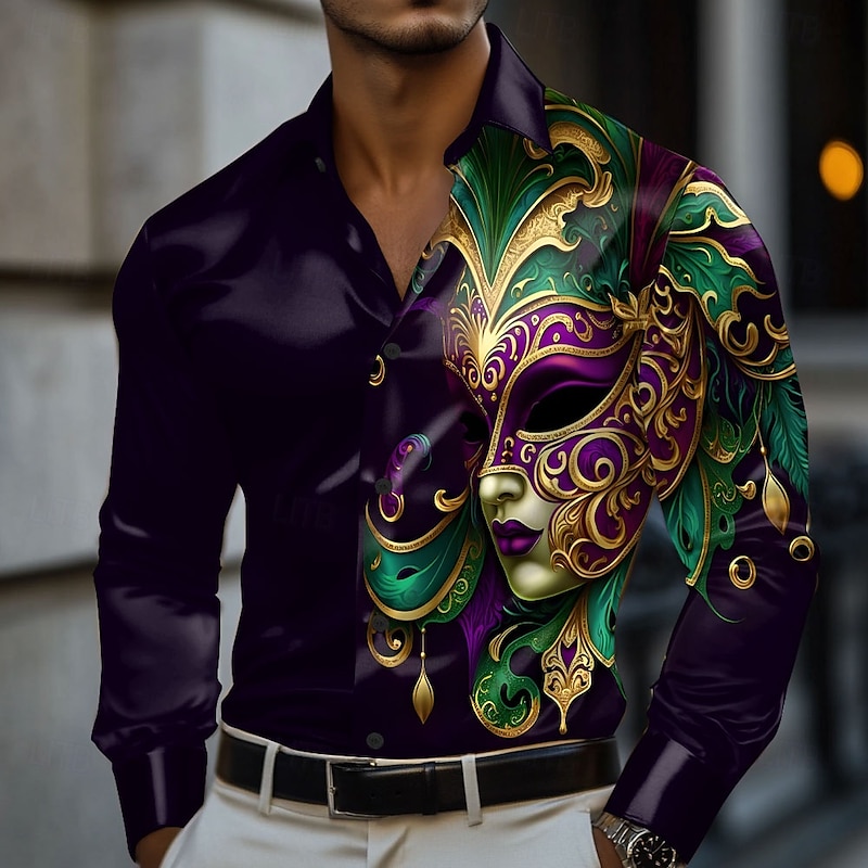 Mardi Gras Men's Mask Carnival Satin Shirt Dress Shirt Button Up Shirt Long Sleeve Fashion Casual Holiday Summer Spring Turndown Collared Shirts 3D Print Purple