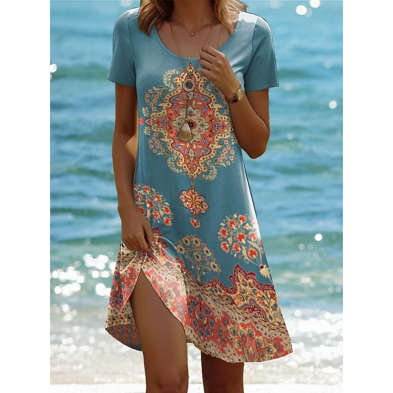 Women's Mini Dress Vintage Dress Casual Dress Boho Chic Dresses Bohemia Vacation Vintage Vacation Daily Regular Fit Geometric Paisley Boho Paisley Damask Short Sleeve Crew Neck Pink Red Blue Green