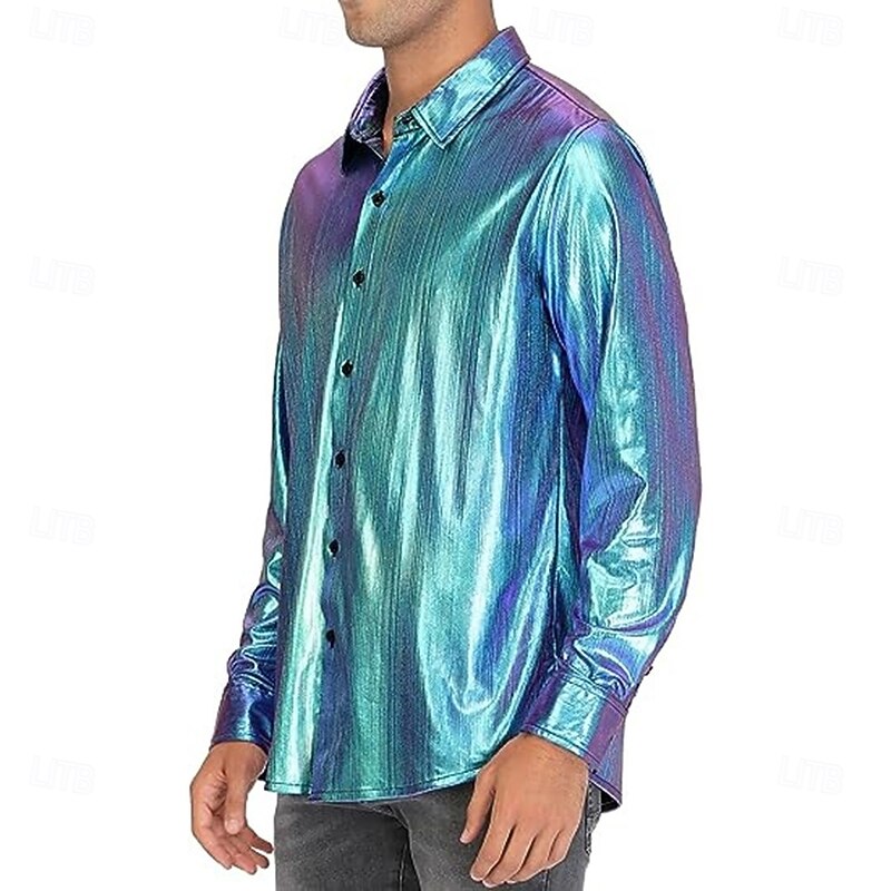 Men's Waffle Shirt Casual Shirt Button Up Shirt Blue Long Sleeve Plain Laser Lapel Vacation Hawaiian Button-Down Clothing Apparel Polyester Fashion Casual Comfortable3