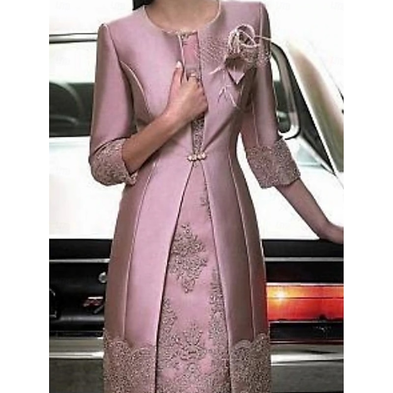 Sheath Mother of the Bride Dress Two Piece Wedding Guest Vintage Plus Size Jewel Neck Knee Length Satin Lace 3/4 Length Sleeve Jacket Dresses With Appliques4