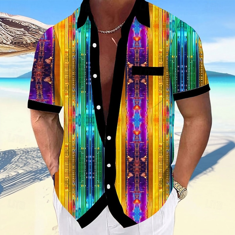 Men's Geometric Dazzle color Shirt Button Up Shirt Short Sleeve Fashion Casual Vacation Streetwear Beach Wear Summer Fall Turndown 3D Print Collared Shirts Front One Pocket Purple