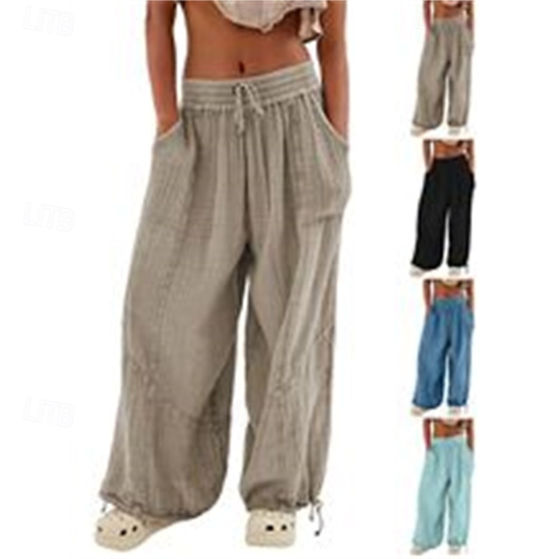 Women's Cotton Linen Pants Fashion Streetwear Comfort Full Length High Waist Plain Drawstring Elastic Waist Leg Drawstring Comfy Outdoor Comfortable Street Daily Wear