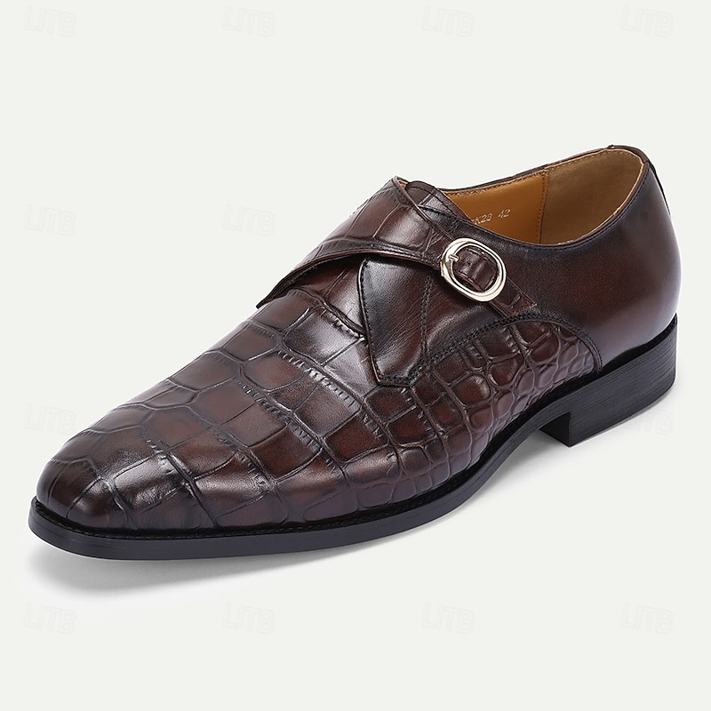 Men's Premium Brown Crocodile Leather Monk Strap Shoes with Buckle Detail, Formal Dress Shoes for Weddings, Business and Special Occasions2