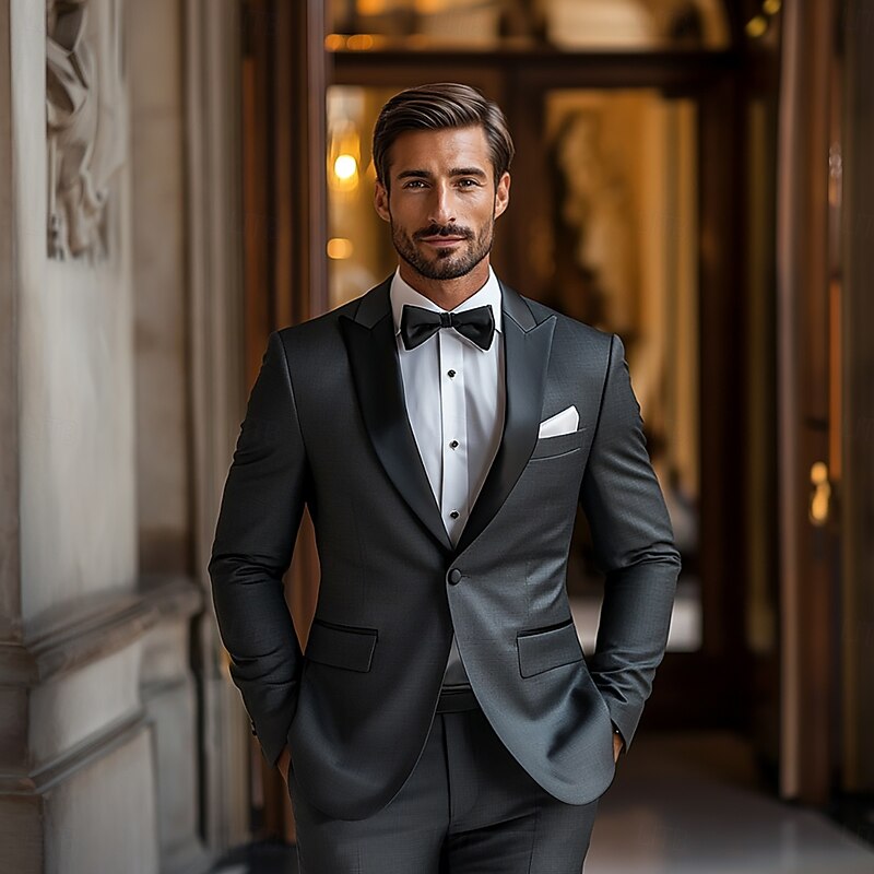 Men's Wedding Prom Party Suits Black Luxury Formal Solid Colored Tailored Fit 2 Piece Single Breasted One-button2