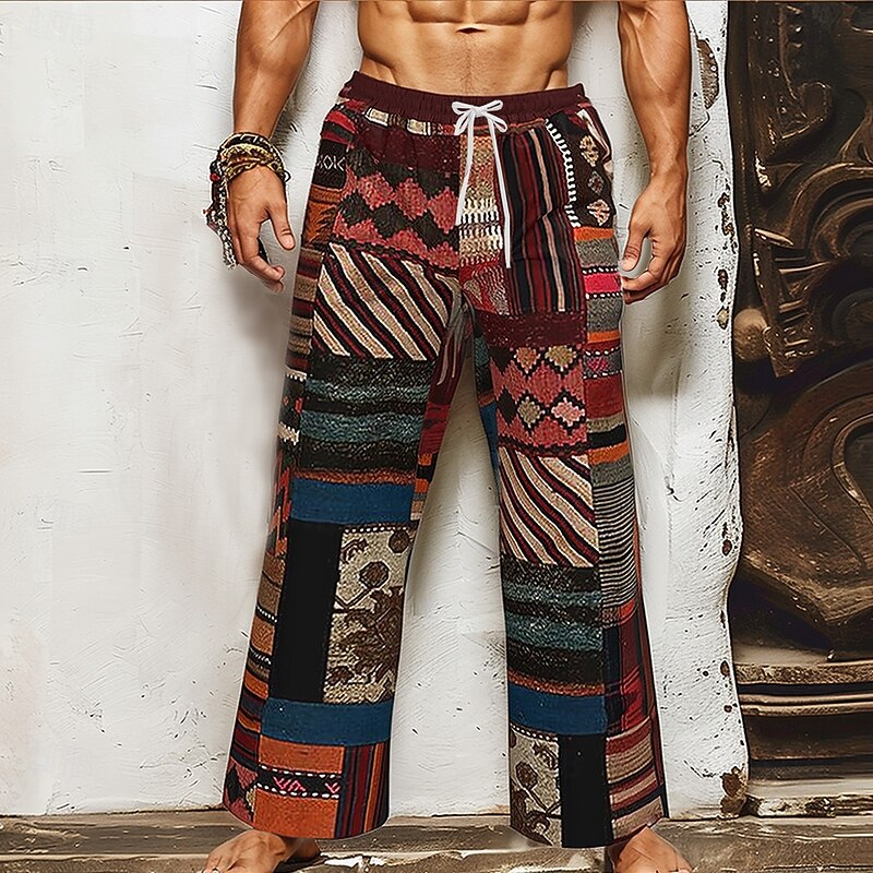 Men's Color Block Patchwork Ethnic Trousers Baggy Pants Casual Pants Mid Waist Hawaiian Vintage Retro Outdoor Holiday Drawstring Elastic Waist Wide Leg Summer Spring 3D Print Wine