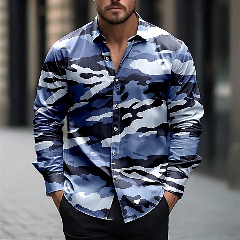 Men's Shirt Summer Shirt Casual Shirt Beach Shirt Button Up Shirt Black / Orange Pink Blue Orange Army Green Long Sleeve Camo Lapel Vacation Hawaiian Buttons Clothing Apparel Polyester Fashion Casual4