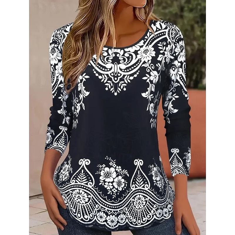 Women's T shirt Long Sleeve Crew Neck Long Sleeve Tunic Floral Graphic Casual Regular Tops Daily Print White / Black Black Blue Orange Brown Spring Fall Prefall