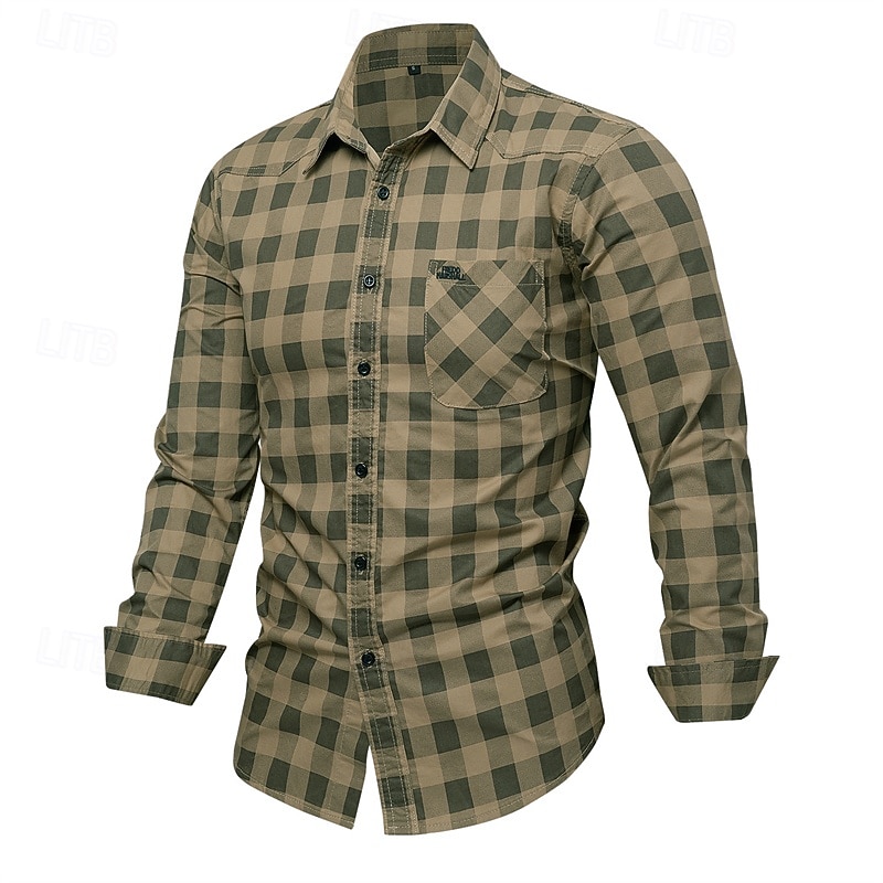 Men's Shirt Summer Shirt Casual Shirt Button Up Shirt khaki Army Green Long Sleeve Plaid Lapel Vacation Hawaiian Button-Down Clothing Apparel 100% Cotton Fashion Casual Comfortable