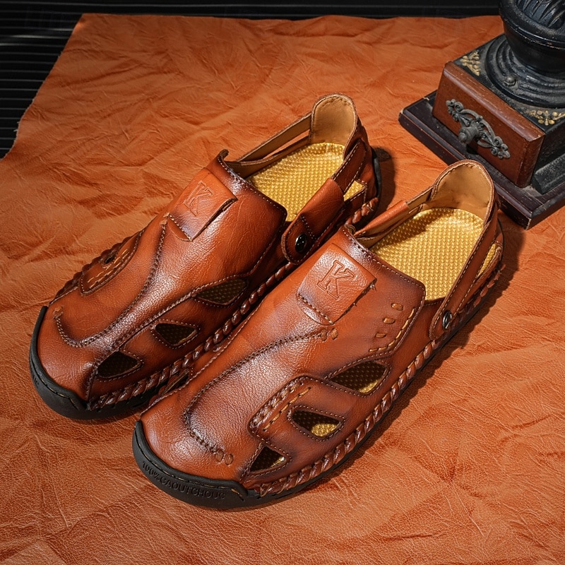 Men's Brown Faux Leather Sandals with Perforated Design, Adjustable Strap, and Durable Sole – Comfortable for Casual Wear, Outdoor and Summer Activities2