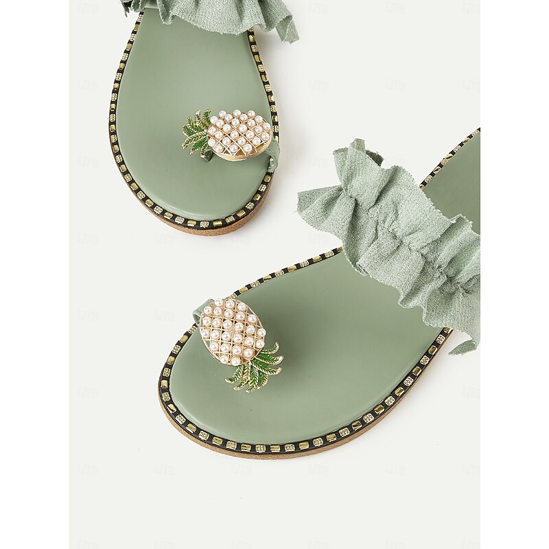 Green Ruffled Slide Sandals for Women – Stylish Pearl Pineapple Detail, Comfortable Flat Sandals for Summer, Beach and Casual Wear4